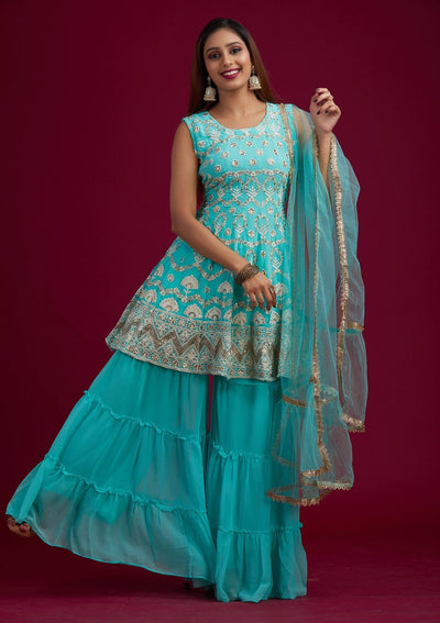 Sea Green Sequins Georgette Designer Salwar-Suit - koskii