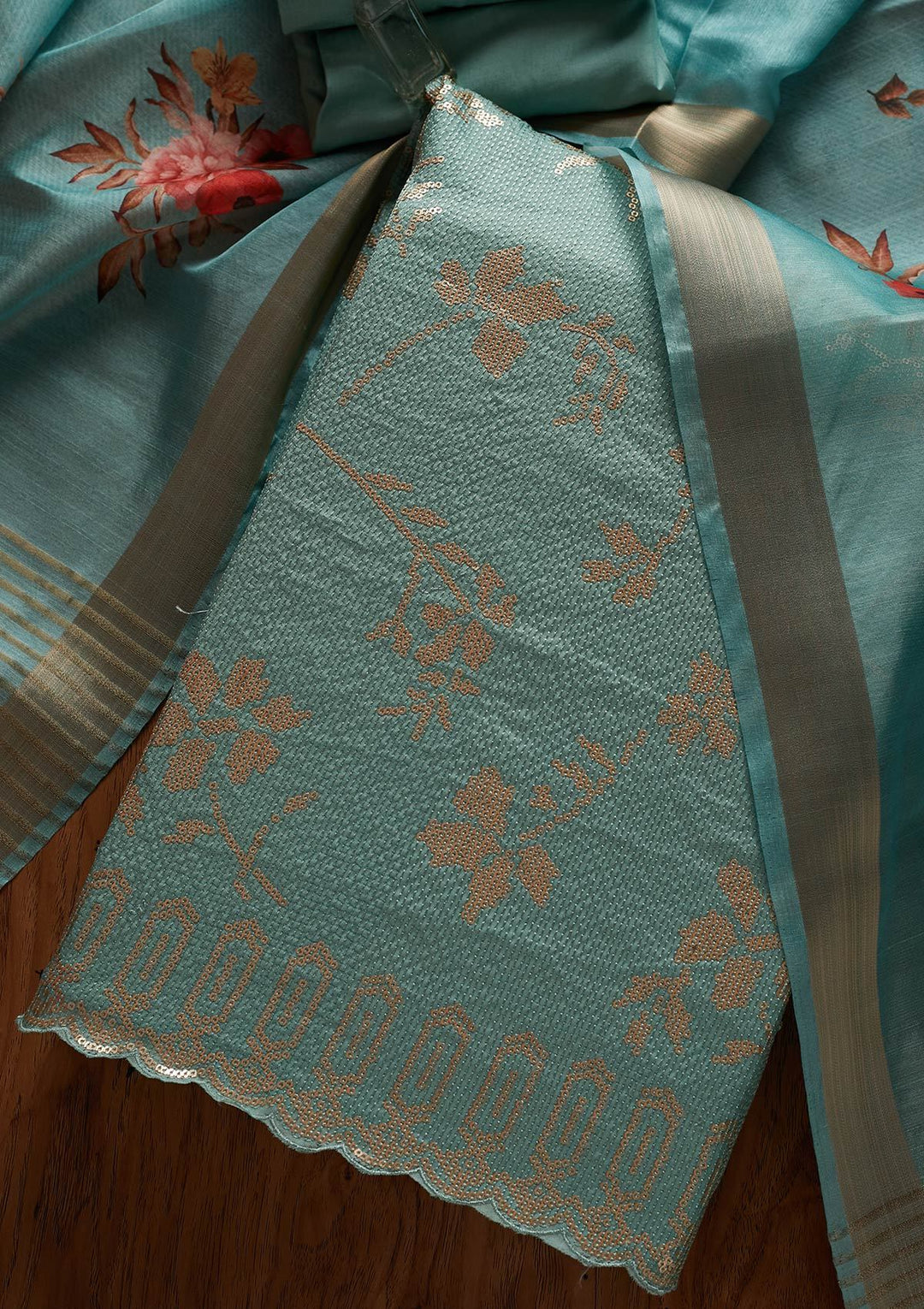 Sea Green Sequins Georgette Designer Unstitched Salwar Suit - koskii