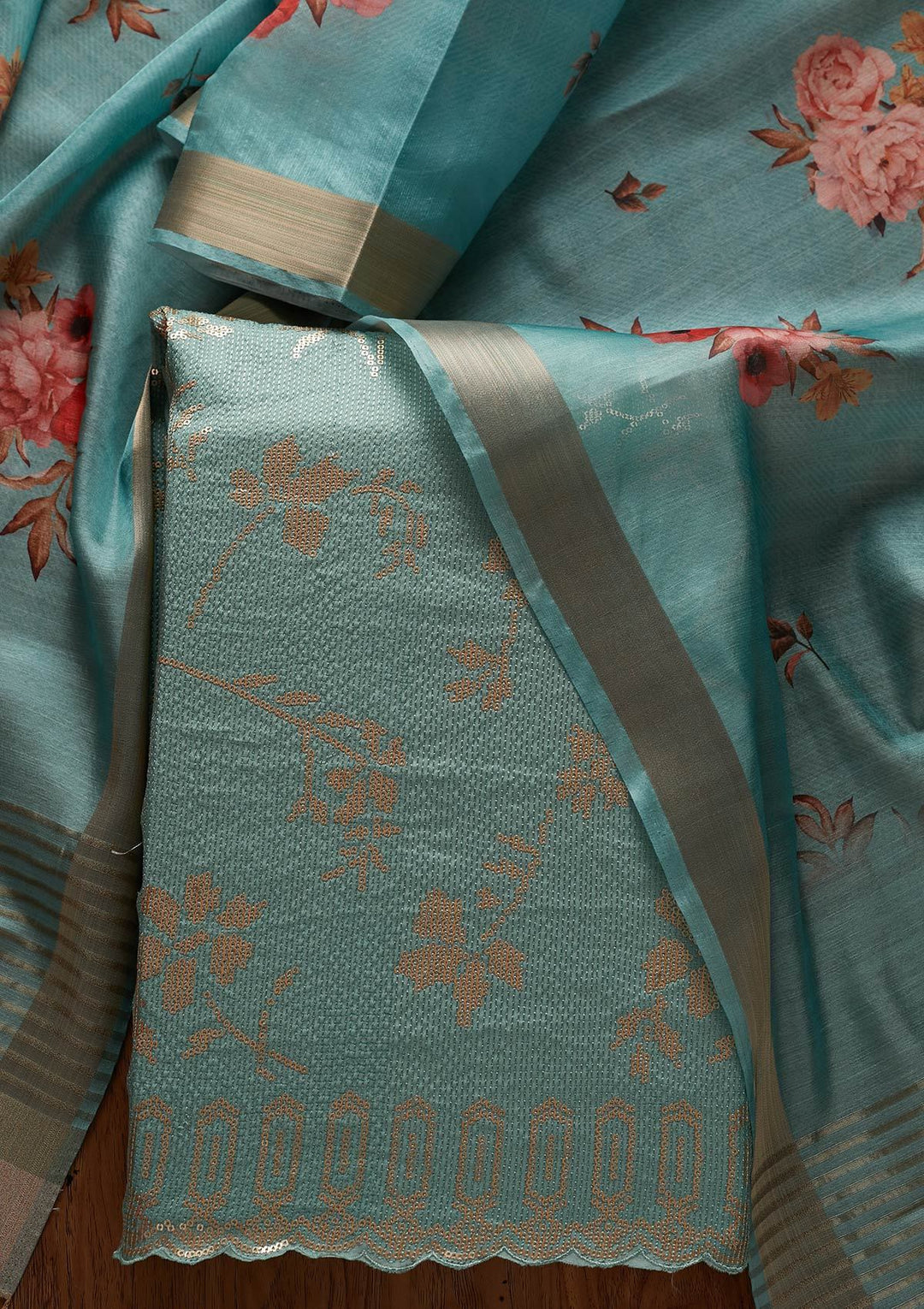 Sea Green Sequins Georgette Designer Unstitched Salwar Suit - koskii