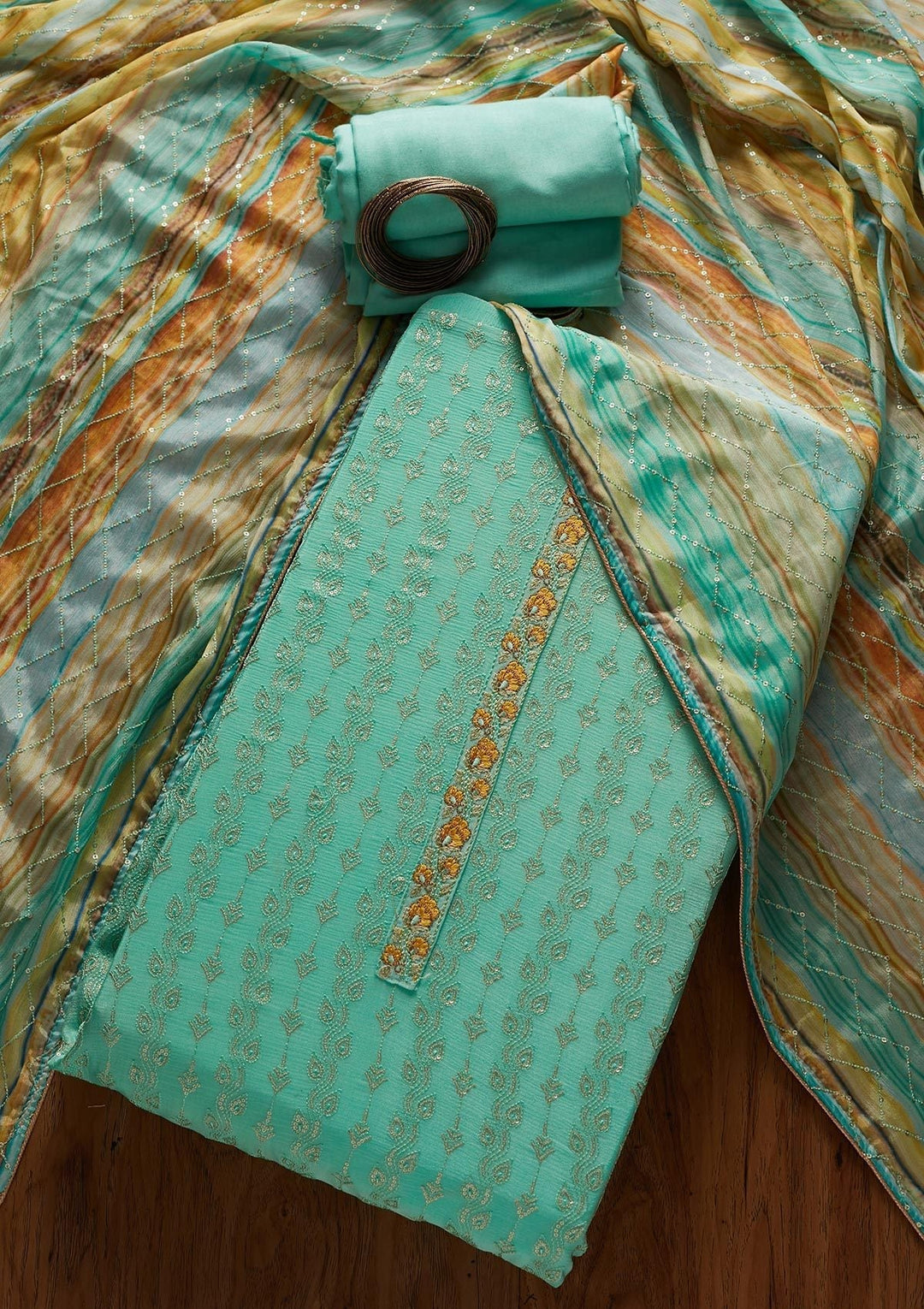 Sea Green Sequins Georgette Designer Unstitched Salwar Suit - koskii