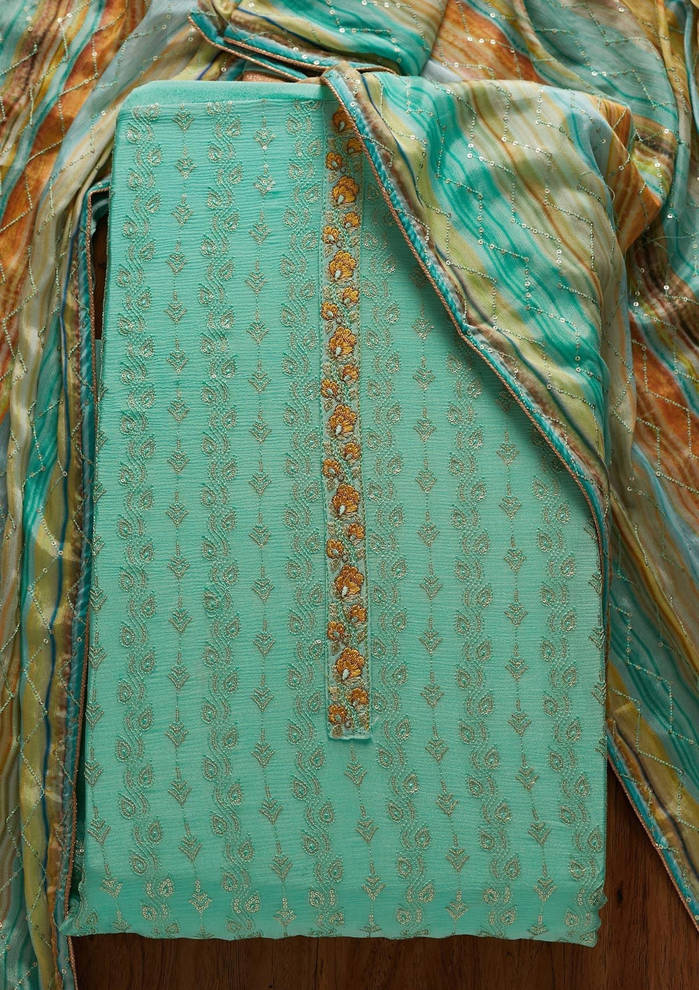 Sea Green Sequins Georgette Designer Unstitched Salwar Suit - koskii