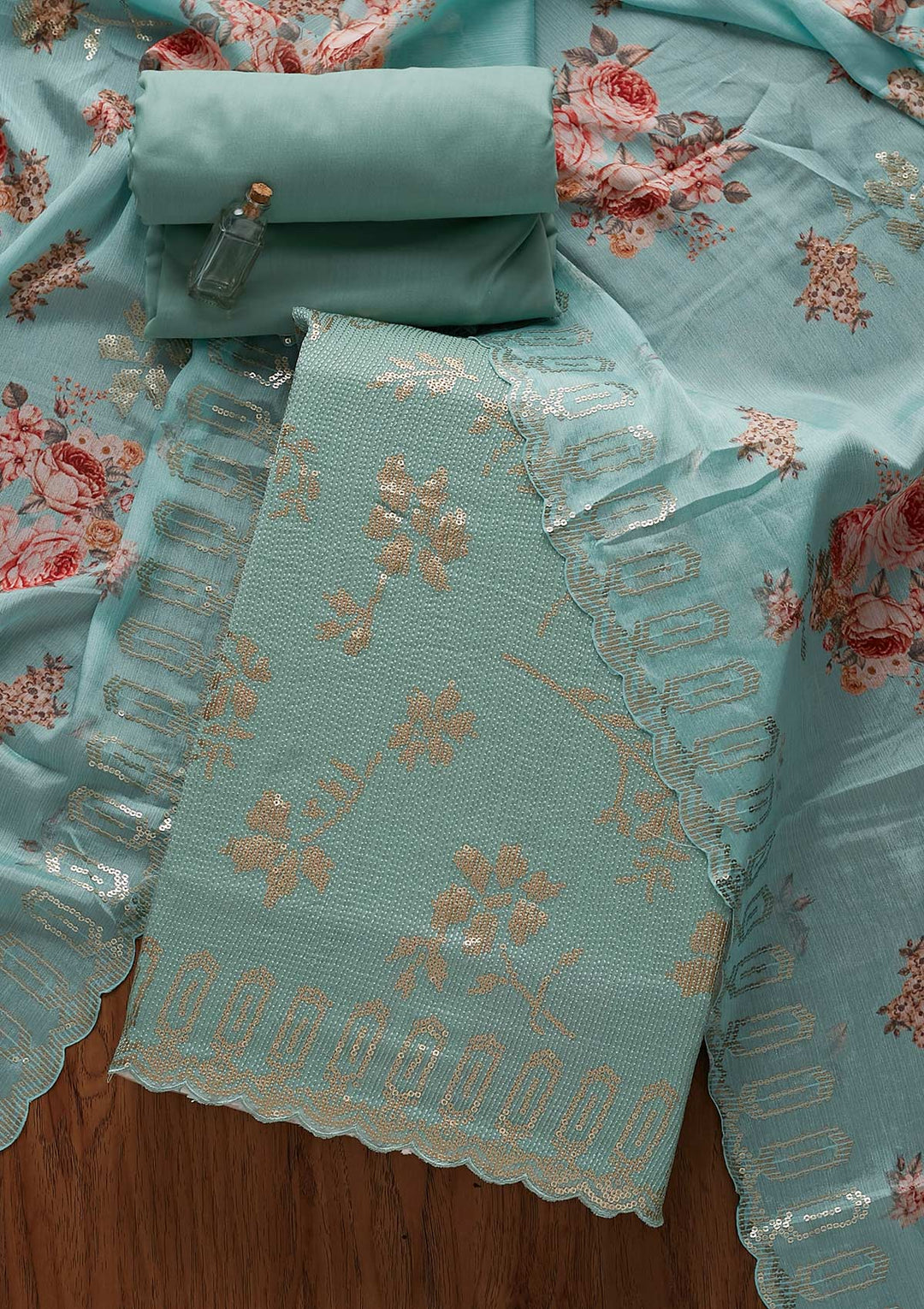 Sea Green Sequins Georgette Designer Unstitched Salwar Suit - koskii