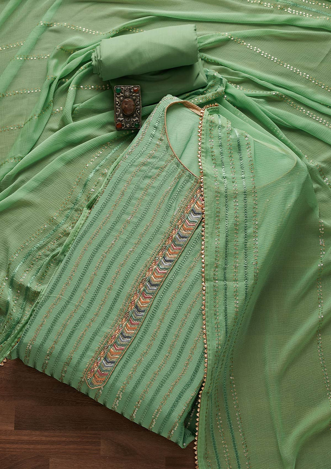 Sea Green Sequins Georgette Designer Unstitched Salwar Suit - Koskii