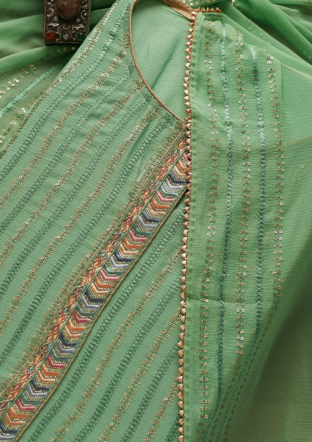 Sea Green Sequins Georgette Designer Unstitched Salwar Suit - Koskii