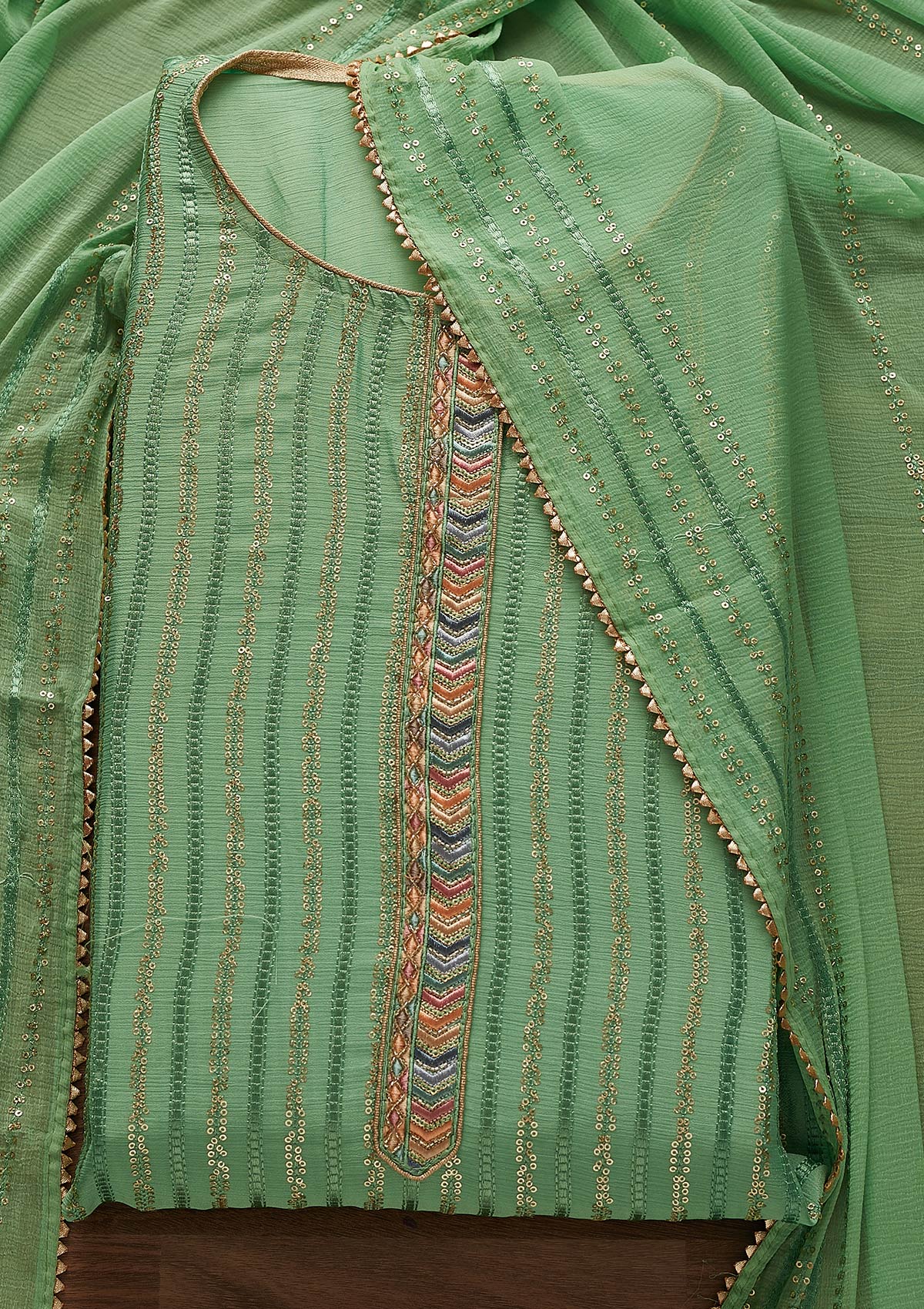 Sea Green Sequins Georgette Designer Unstitched Salwar Suit - Koskii