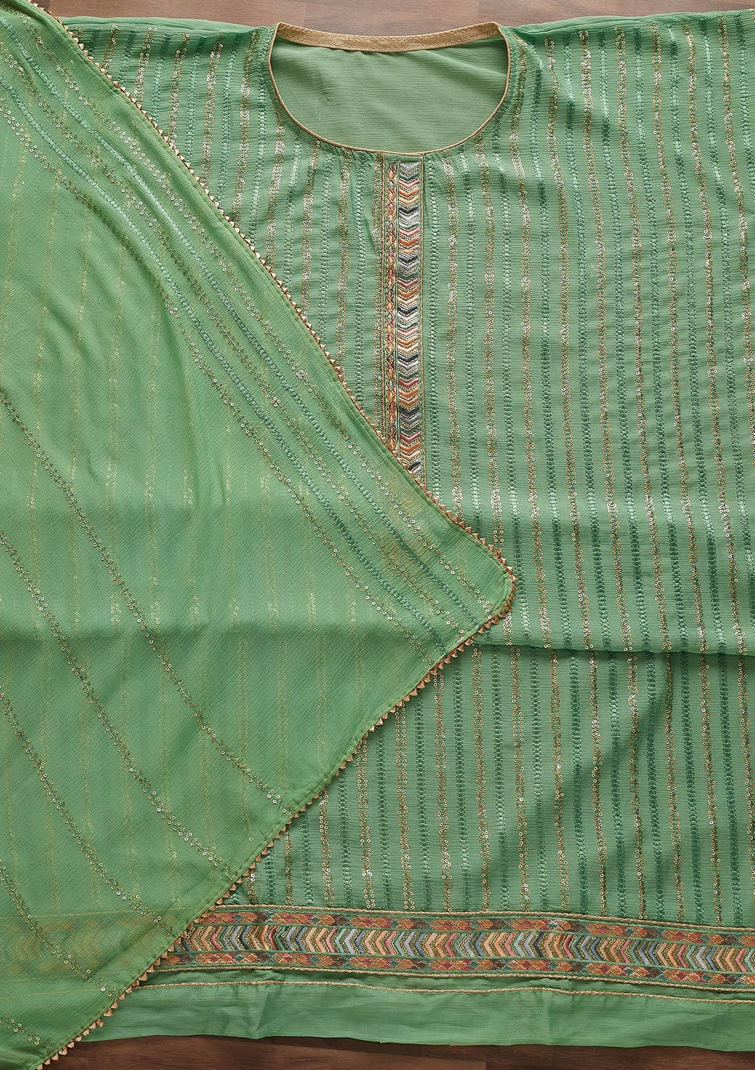 Sea Green Sequins Georgette Designer Unstitched Salwar Suit - Koskii
