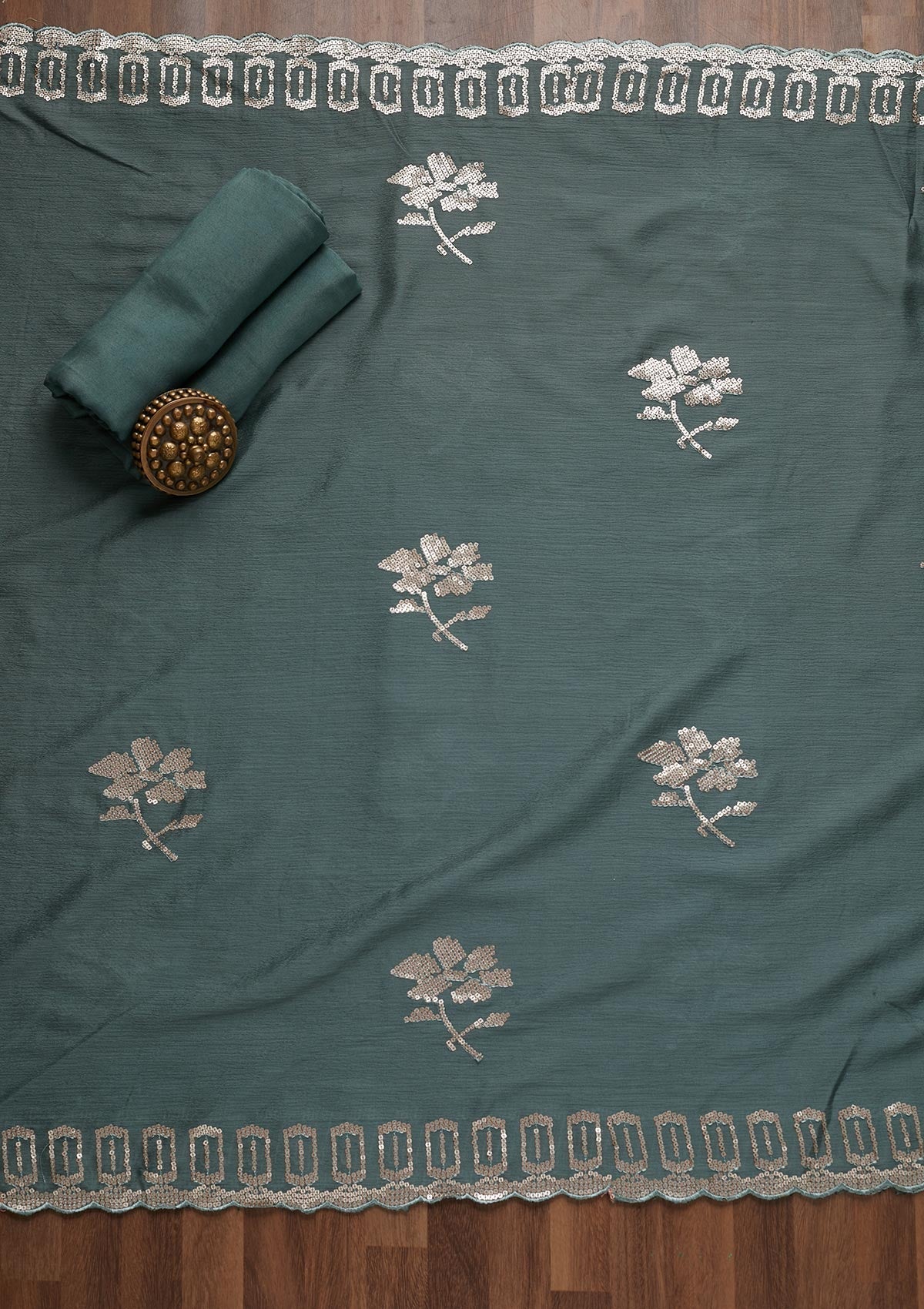 Sea Green Sequins Georgette Unstitched Salwar Suit - Koskii