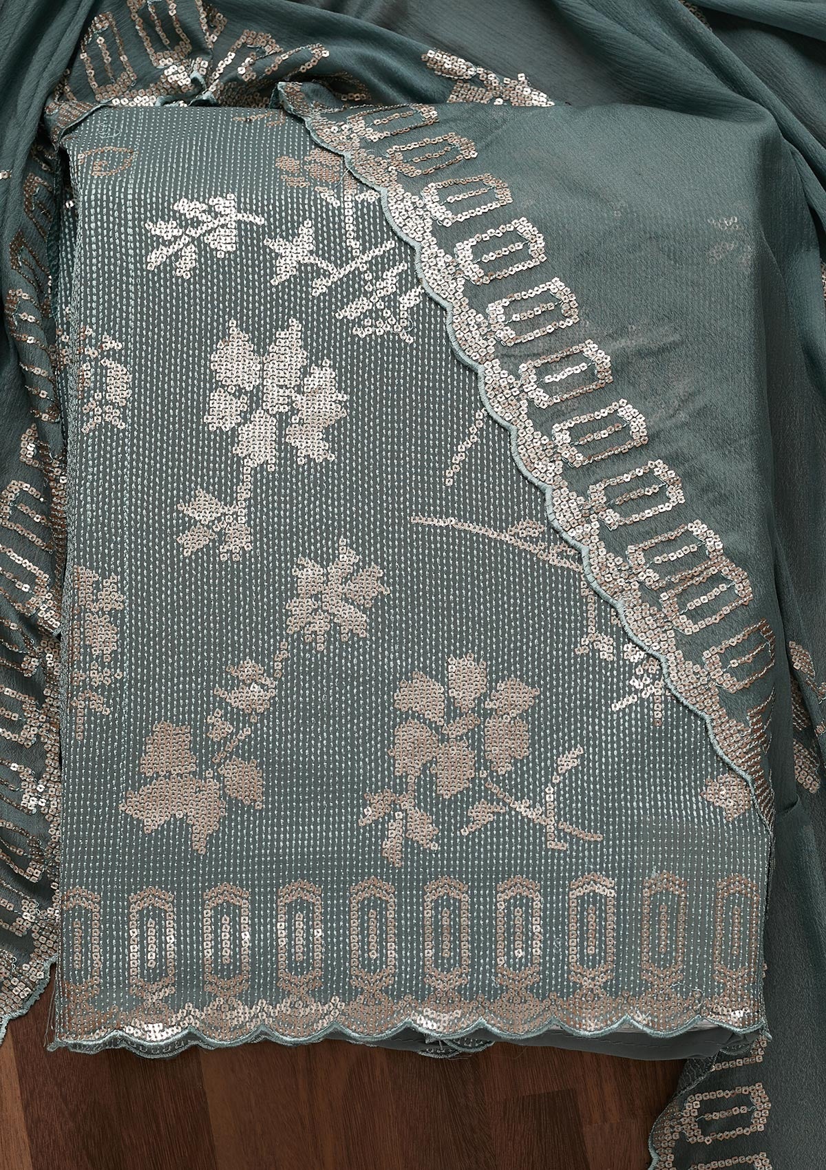 Sea Green Sequins Georgette Unstitched Salwar Suit - Koskii