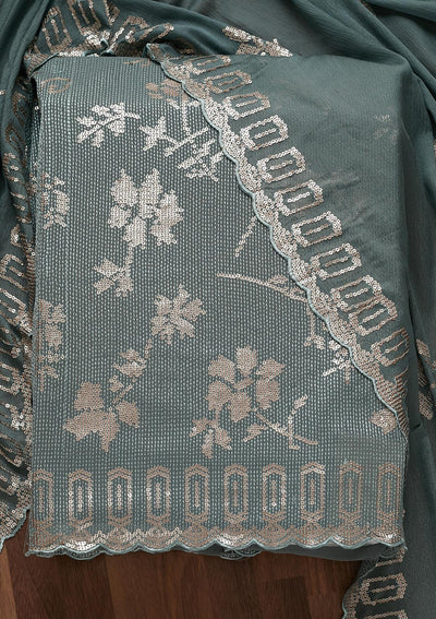 Sea Green Sequins Georgette Unstitched Salwar Suit - Koskii