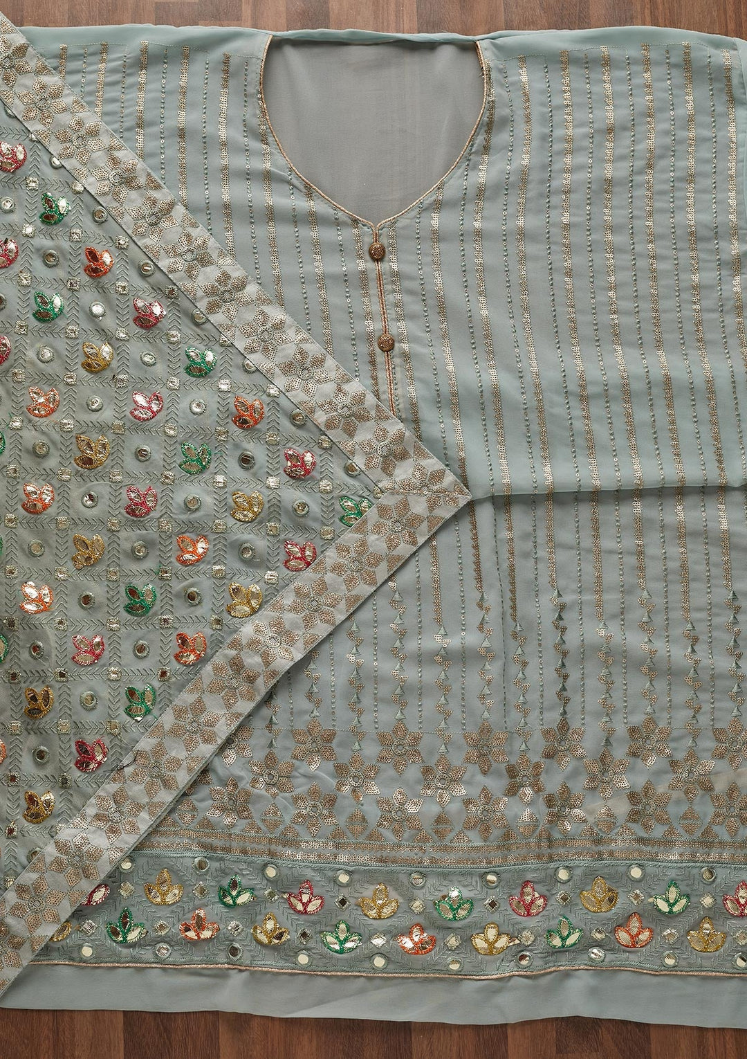Sea Green Sequins Georgette Designer Unstitched Salwar Suit - Koskii
