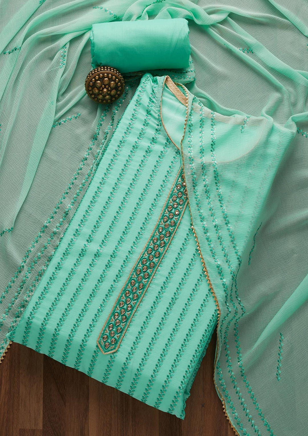 Sea Green Sequins Georgette Unstitched Salwar Suit-Koskii