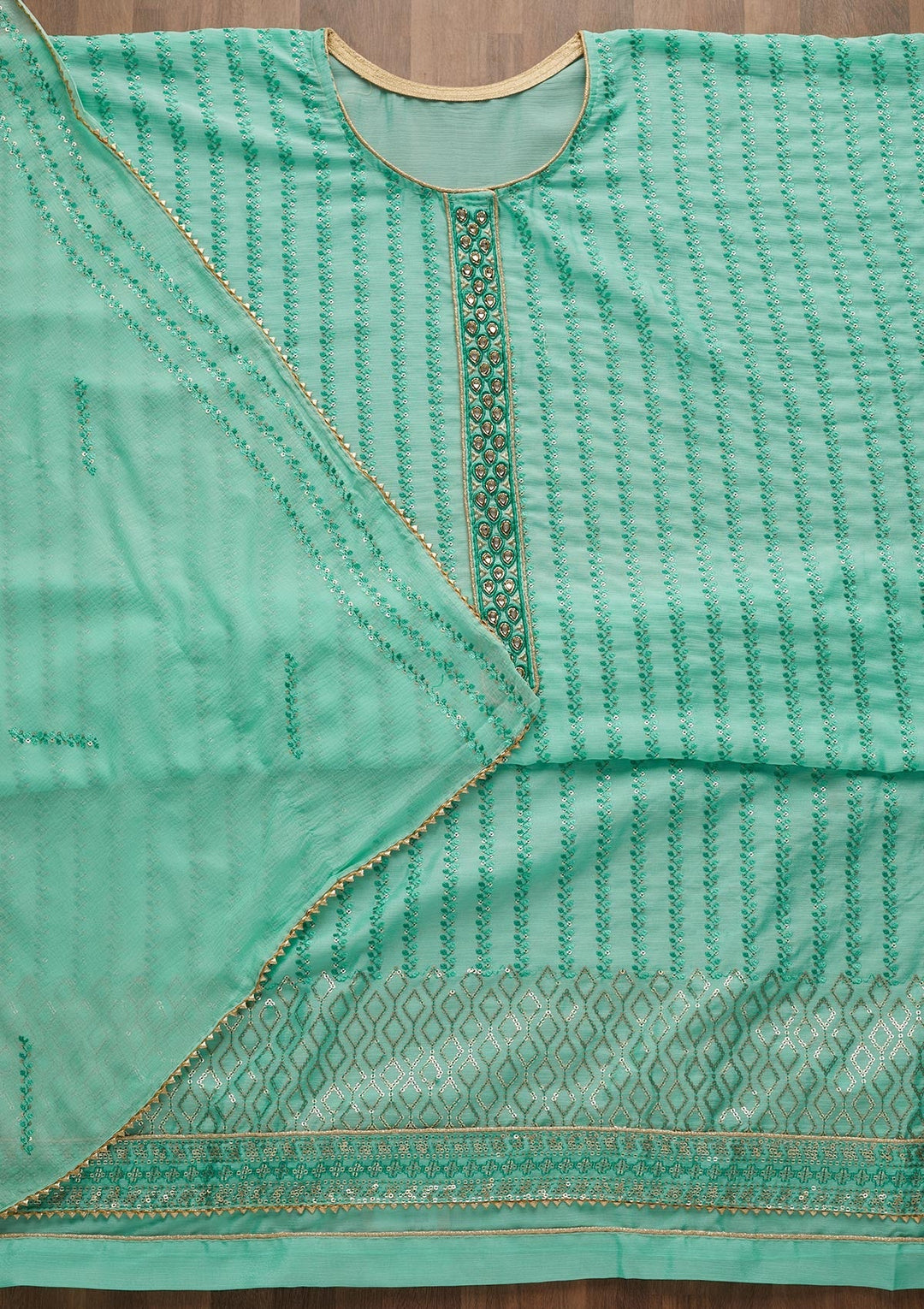 Sea Green Sequins Georgette Unstitched Salwar Suit-Koskii