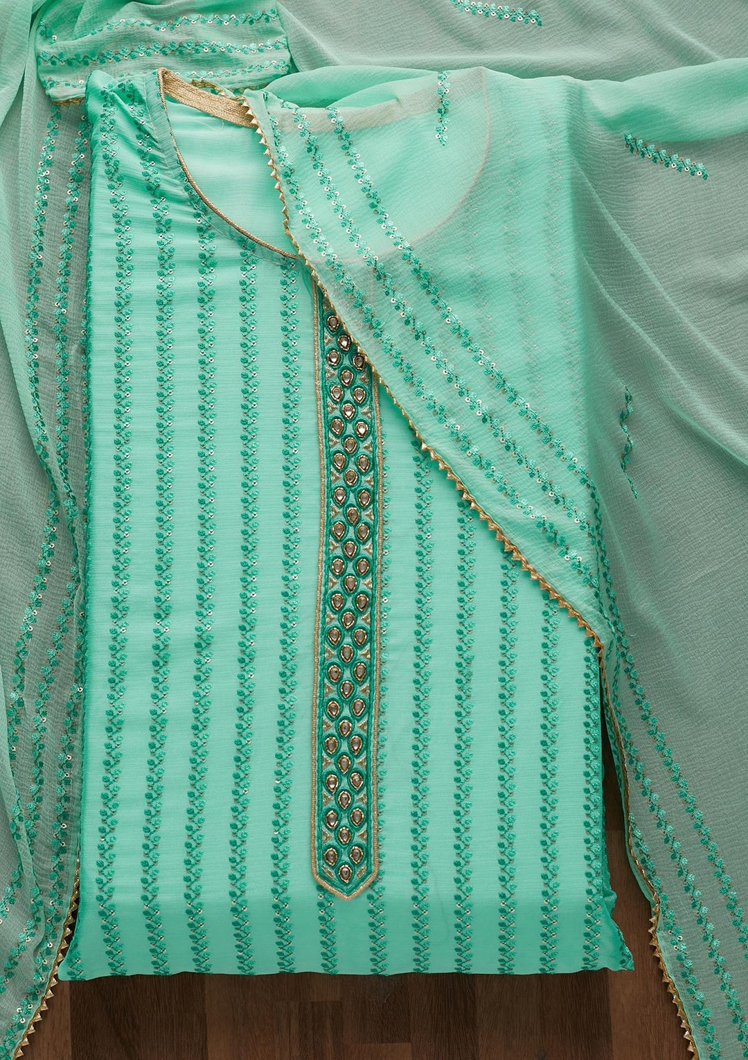 Sea Green Sequins Georgette Unstitched Salwar Suit-Koskii
