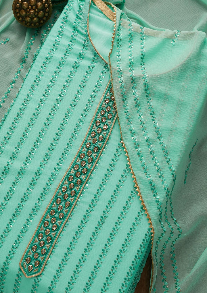 Sea Green Sequins Georgette Unstitched Salwar Suit-Koskii