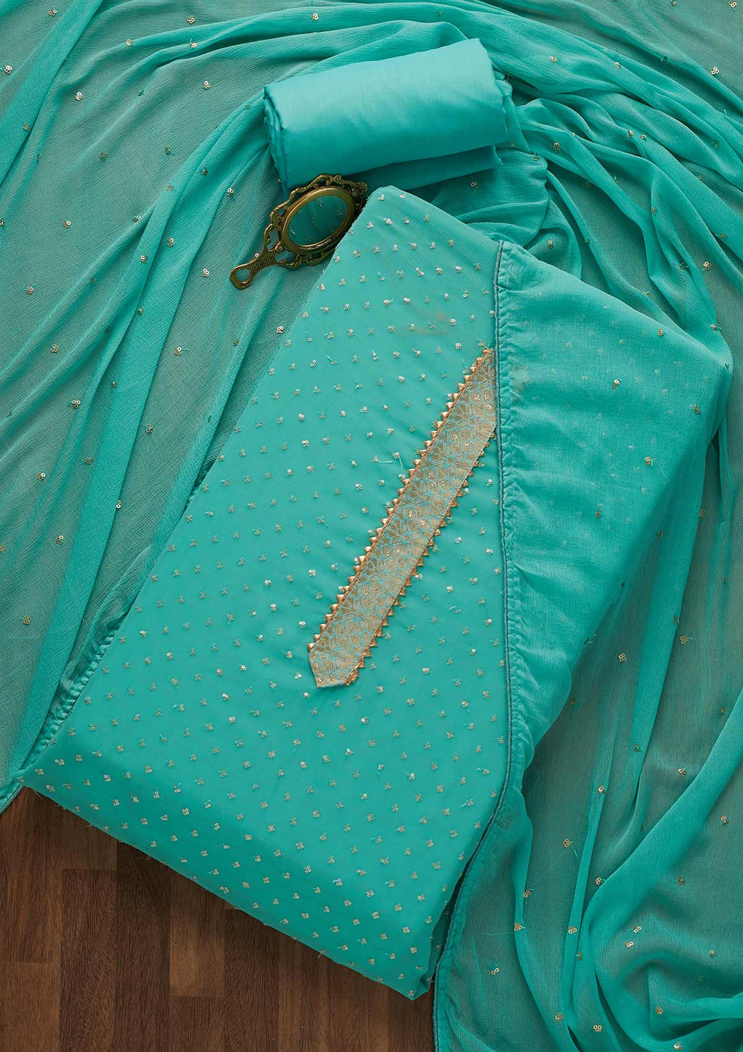 Sea Green Sequins Georgette Unstitched Salwar Suit-Koskii