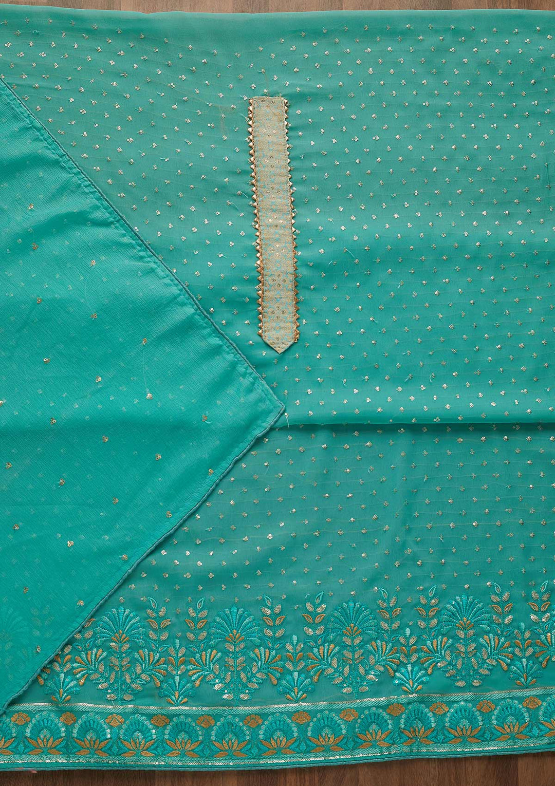 Sea Green Sequins Georgette Unstitched Salwar Suit-Koskii