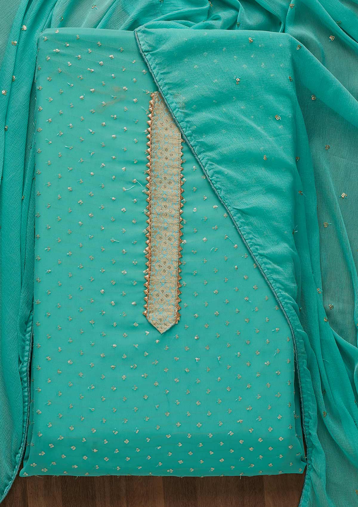 Sea Green Sequins Georgette Unstitched Salwar Suit-Koskii