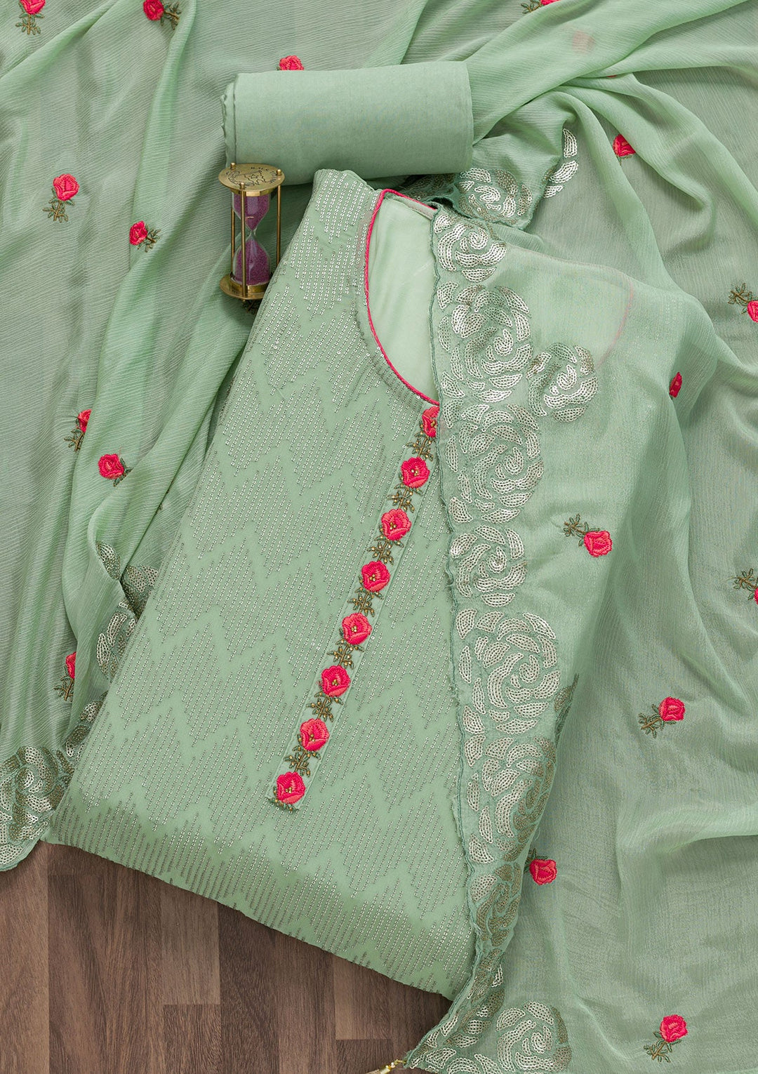 Sea Green Sequins Georgette Semi-Stitched Salwar Suit-Koskii