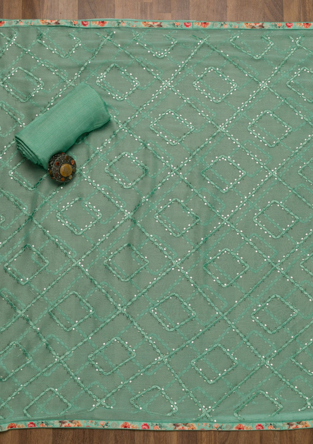 Sea Green Sequins Georgette Unstitched Salwar Suit-Koskii