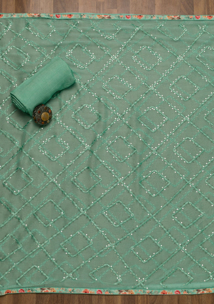 Sea Green Sequins Georgette Unstitched Salwar Suit-Koskii