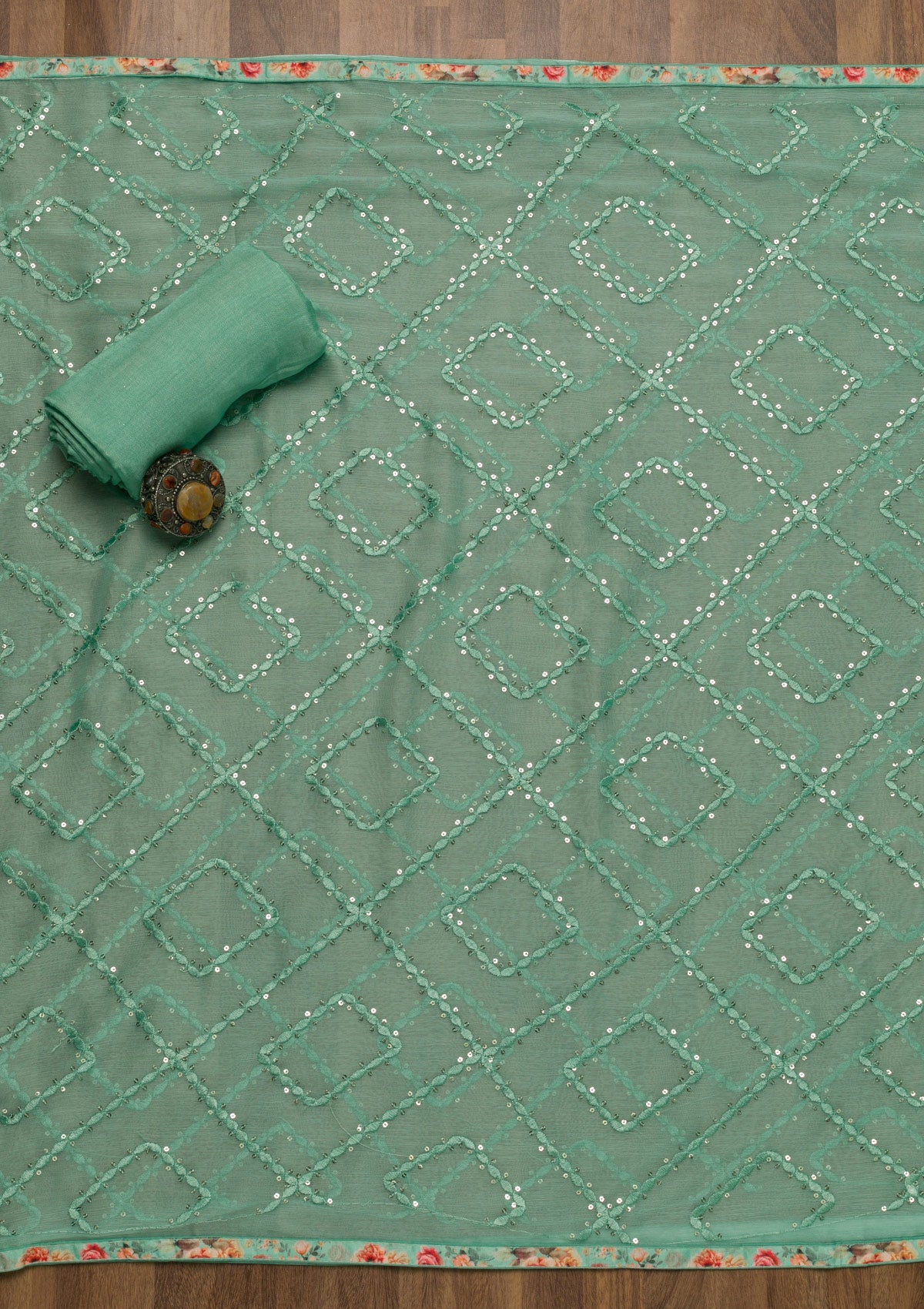 Sea Green Sequins Georgette Unstitched Salwar Suit-Koskii
