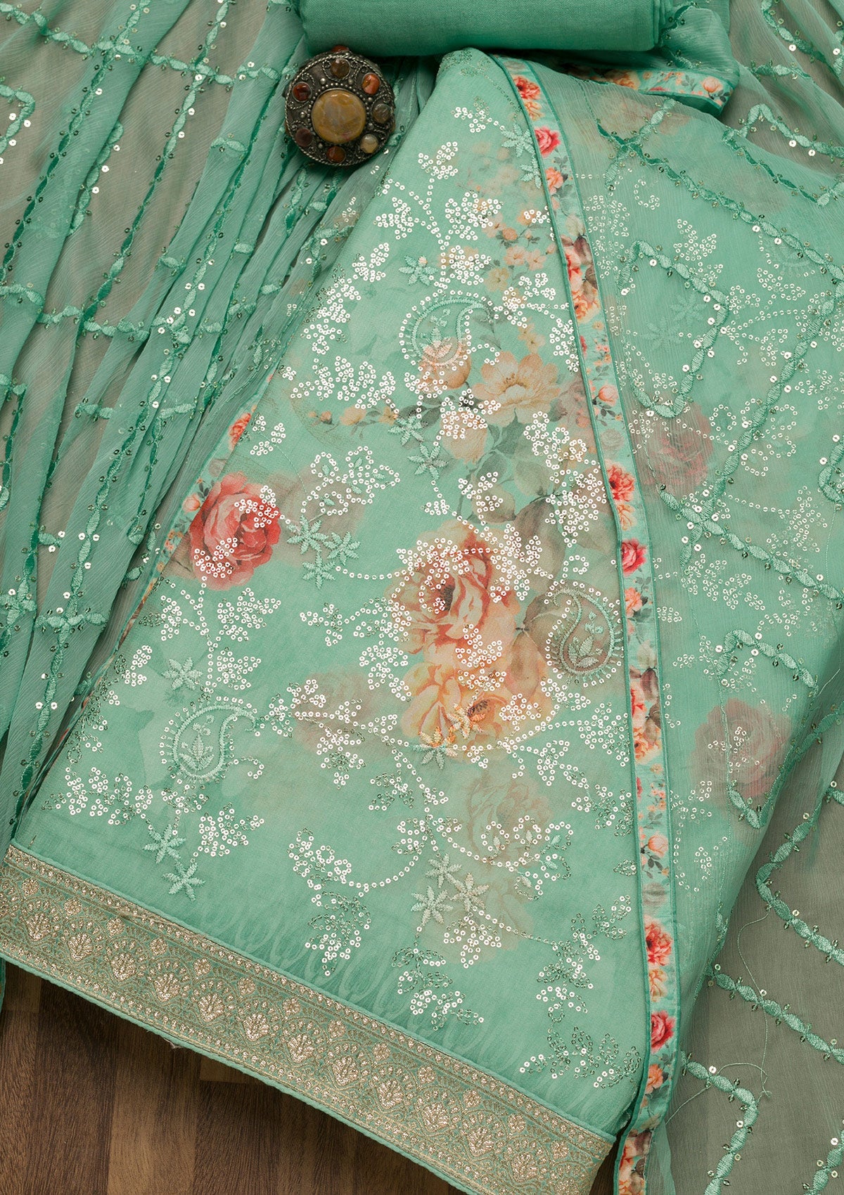 Sea Green Sequins Georgette Unstitched Salwar Suit-Koskii