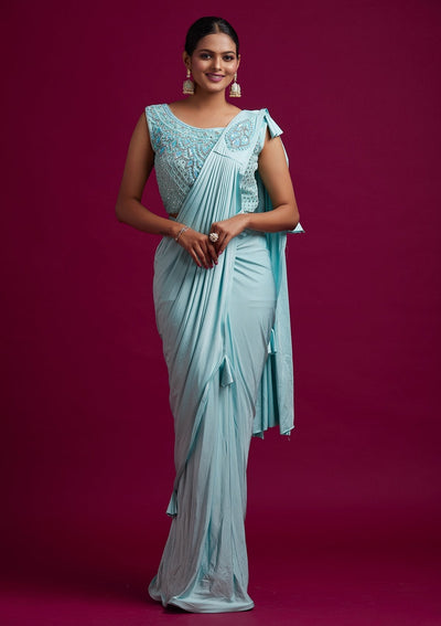 Sea Green Sequins Lycra Designer Saree - koskii