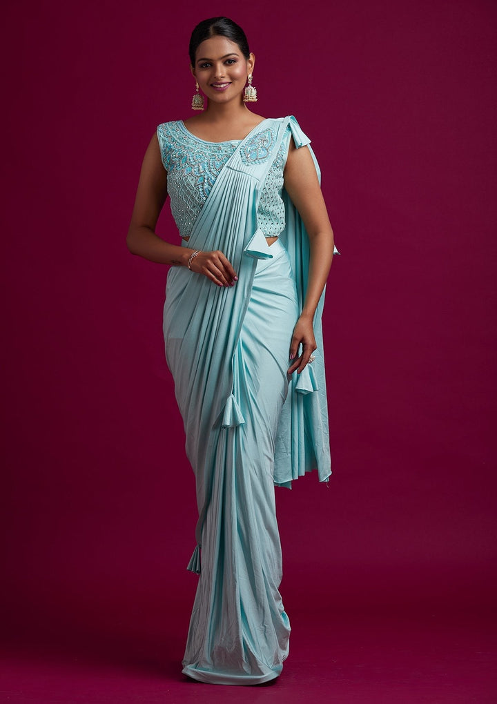Sea Green Sequins Lycra Designer Saree - koskii