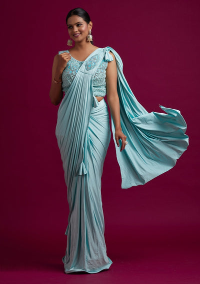 Sea Green Sequins Lycra Designer Saree - koskii