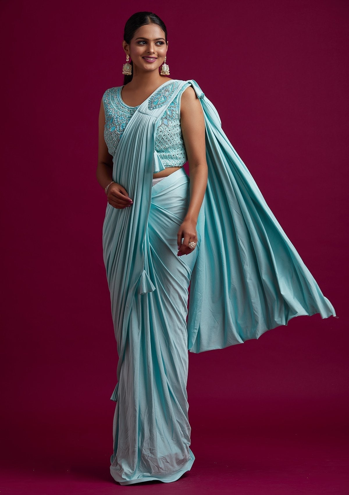 Sea Green Sequins Lycra Designer Saree - koskii