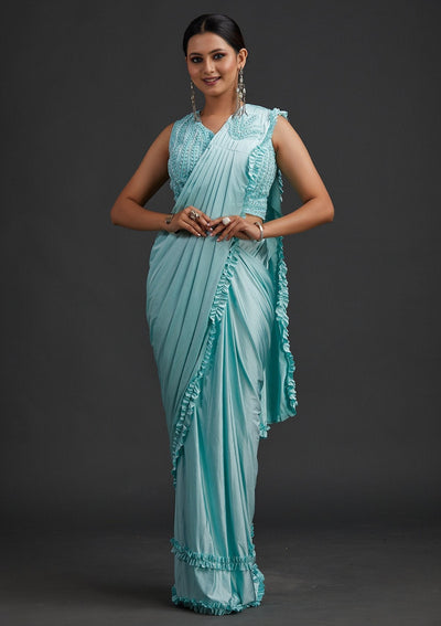 Sea Green Sequins Lycra Designer Saree - koskii