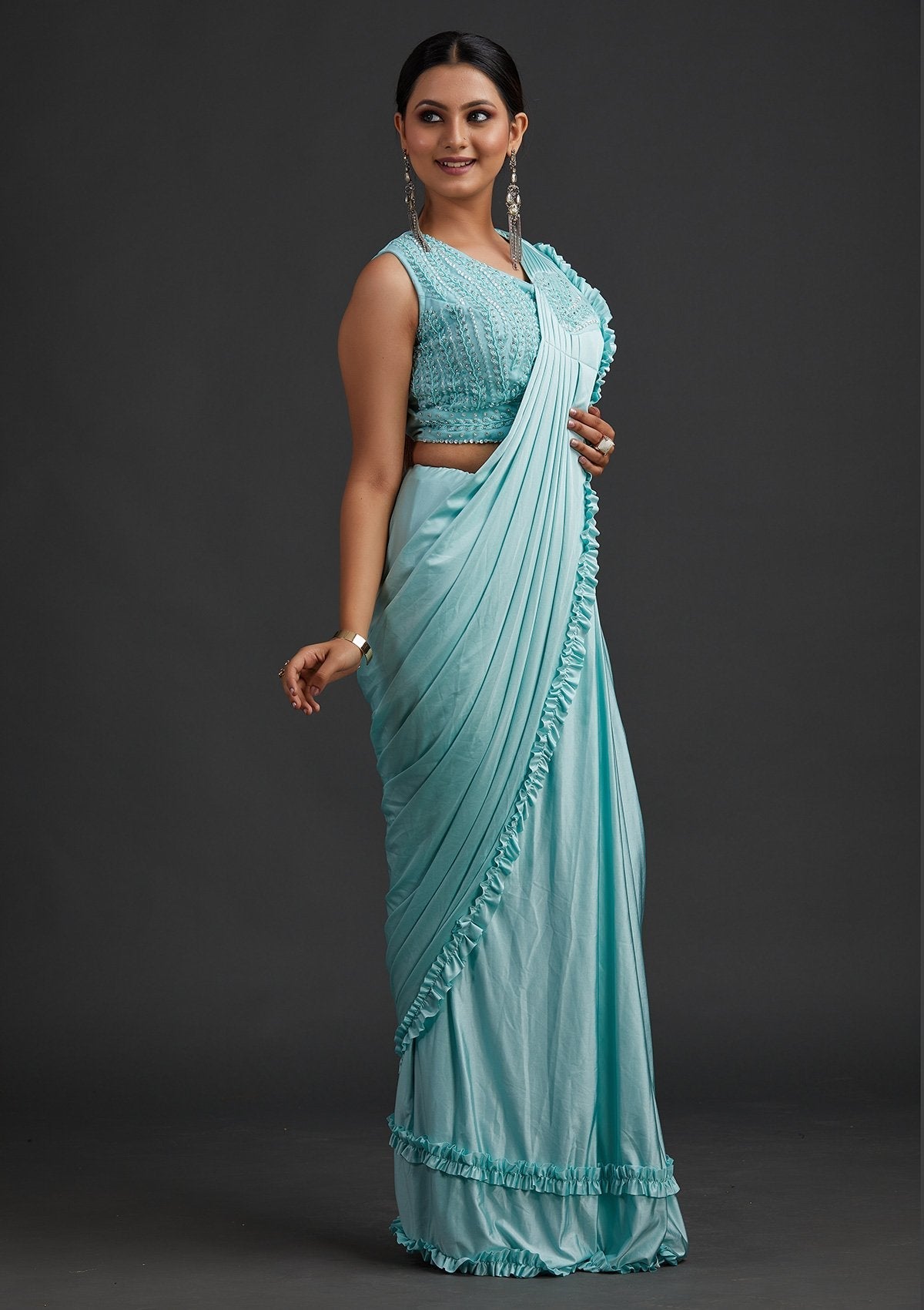 Sea Green Sequins Lycra Designer Saree - koskii