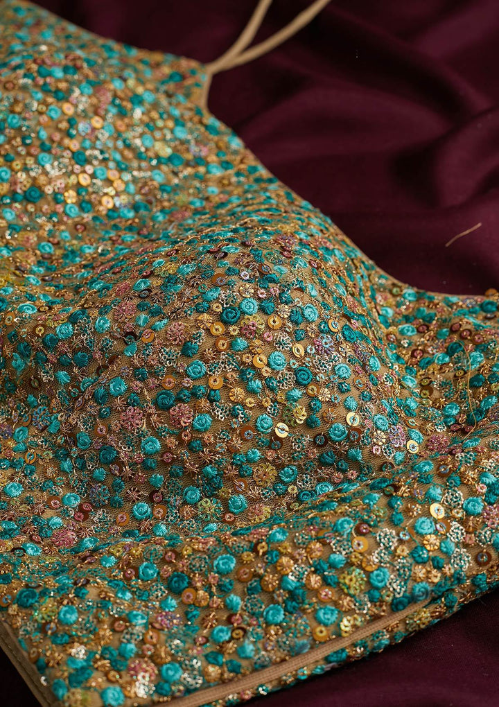 Sea Green Sequins Net Designer Blouse - koskii