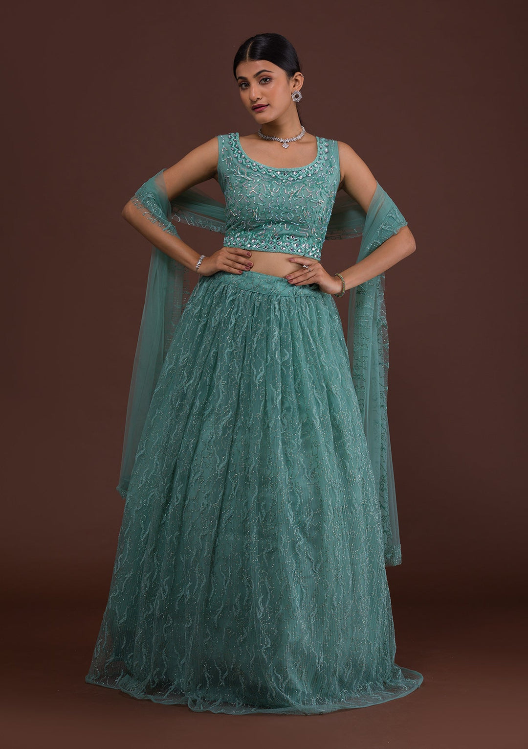 Sea Green Sequins Net Designer Lehenga-Koskii