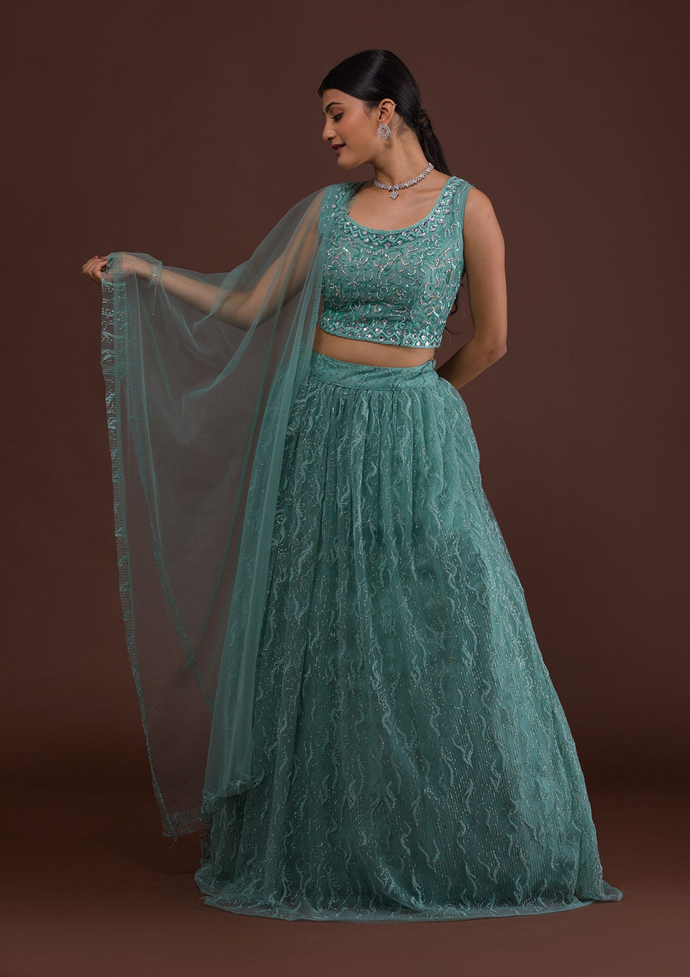 Sea Green Sequins Net Readymade Lehenga-Koskii