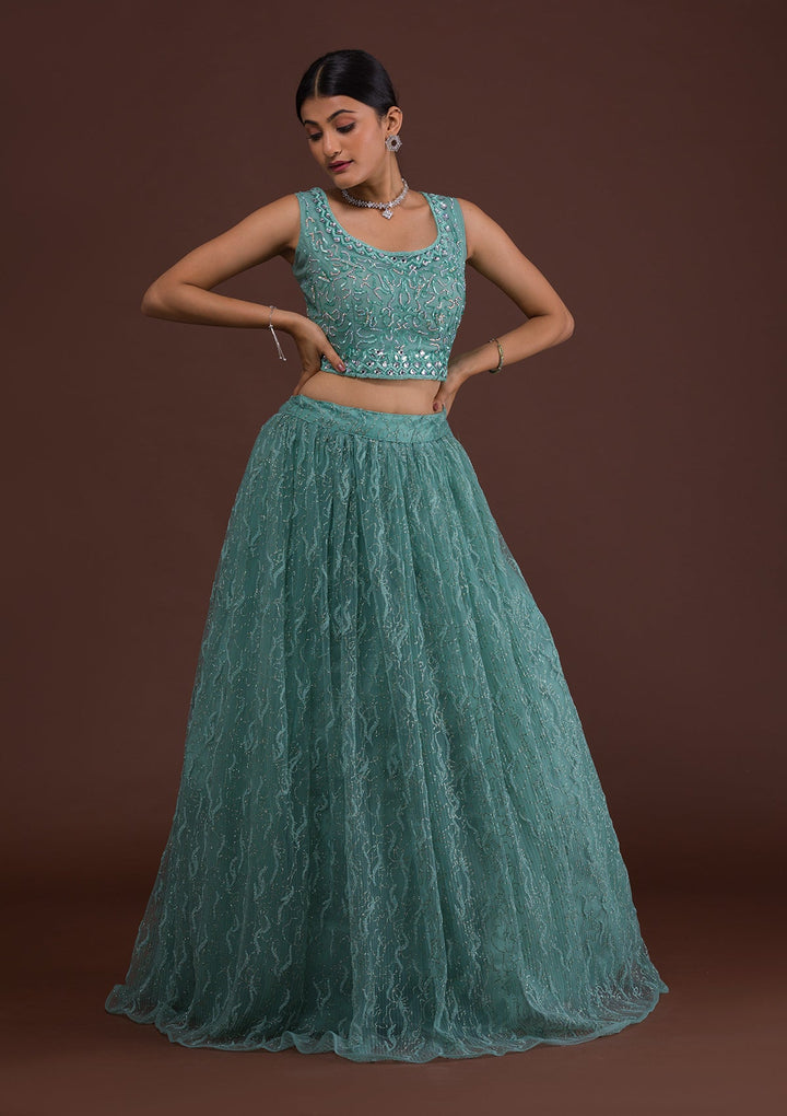 Sea Green Sequins Net Readymade Lehenga-Koskii