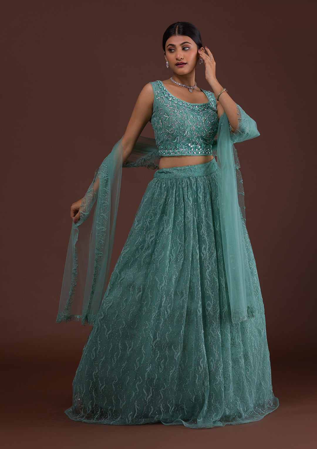 Sea Green Sequins Net Readymade Lehenga-Koskii