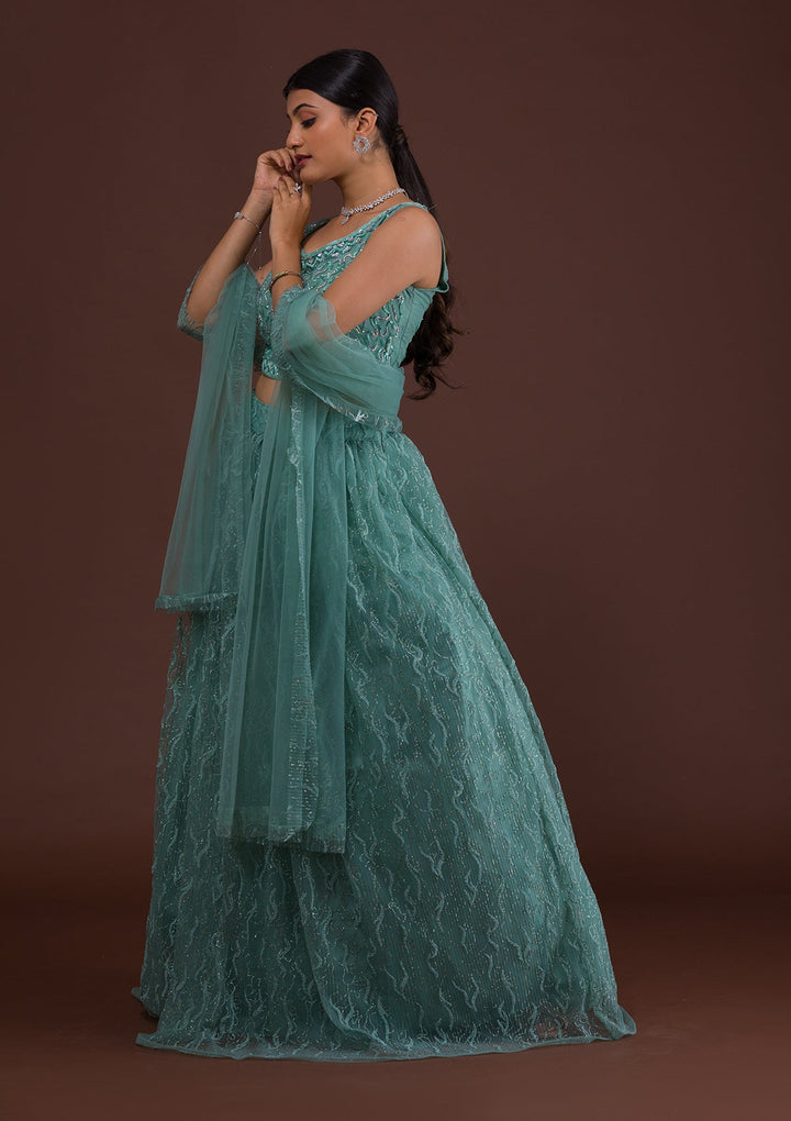 Sea Green Sequins Net Readymade Lehenga-Koskii