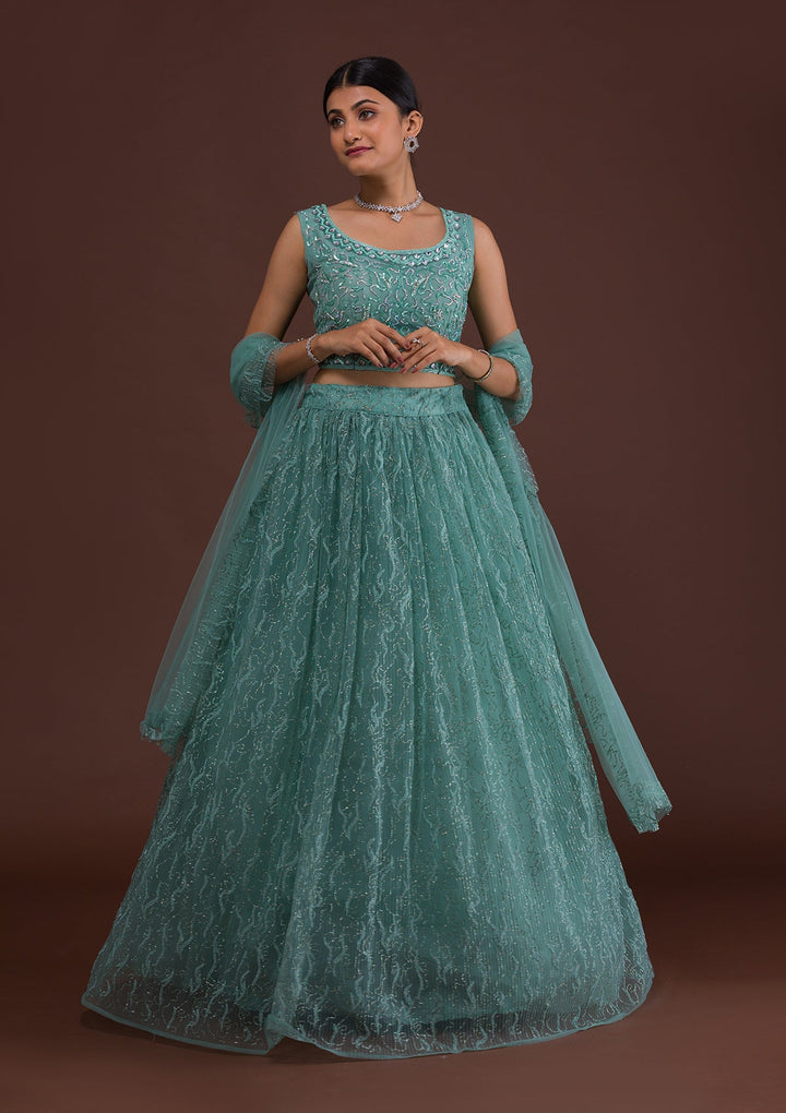 Sea Green Sequins Net Readymade Lehenga-Koskii