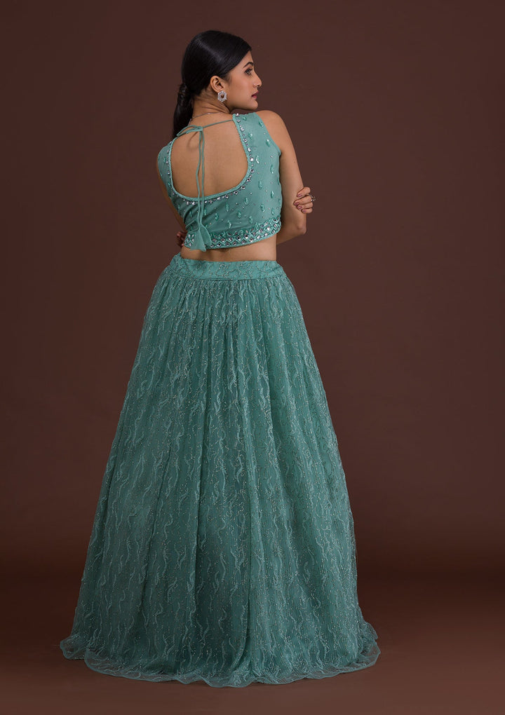 Sea Green Sequins Net Readymade Lehenga-Koskii