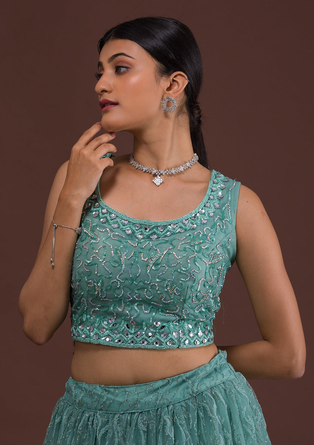 Sea Green Sequins Net Readymade Lehenga-Koskii