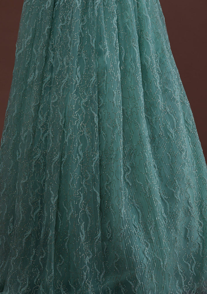Sea Green Sequins Net Readymade Lehenga-Koskii