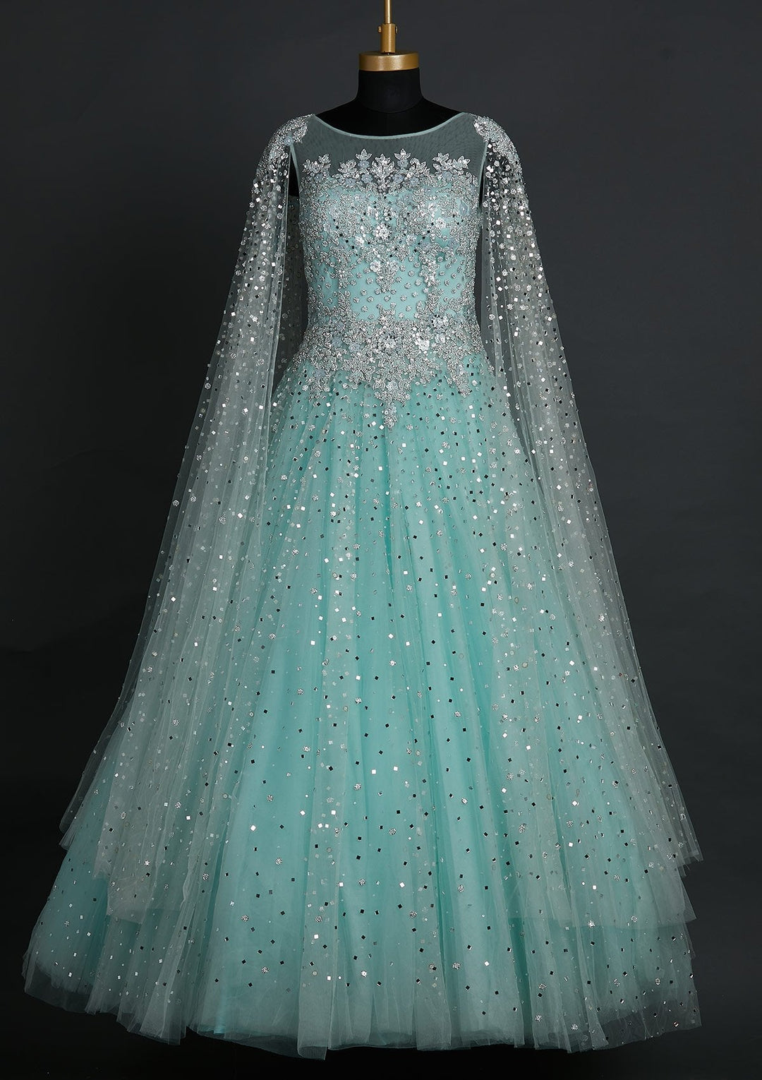 Sea Green Sequins Net Designer Gown - koskii