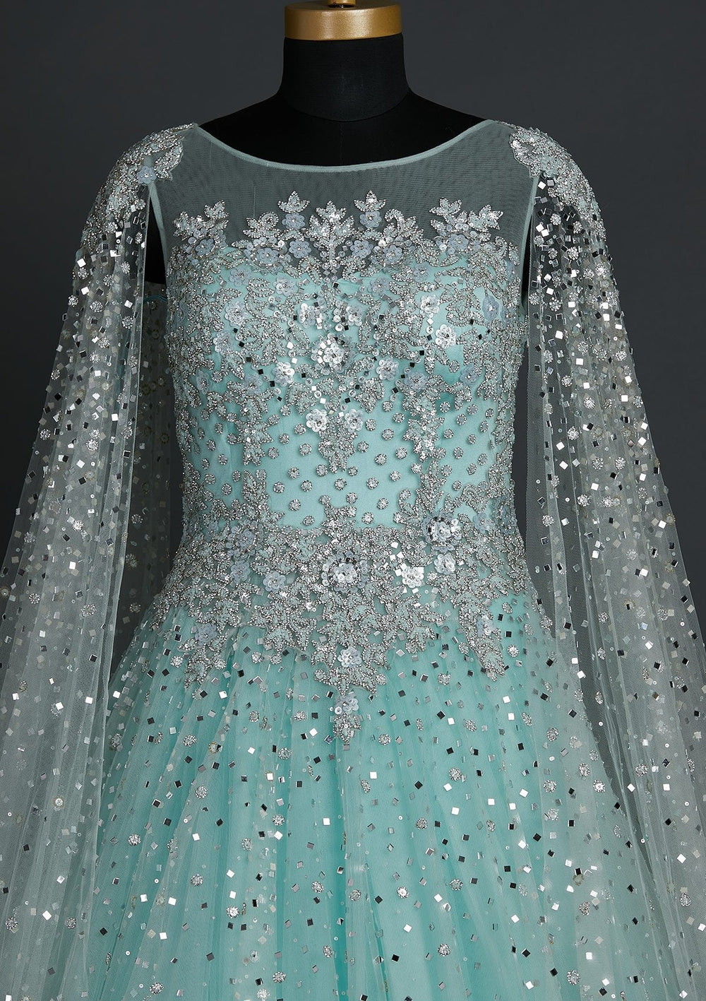 Sea Green Sequins Net Designer Gown - koskii
