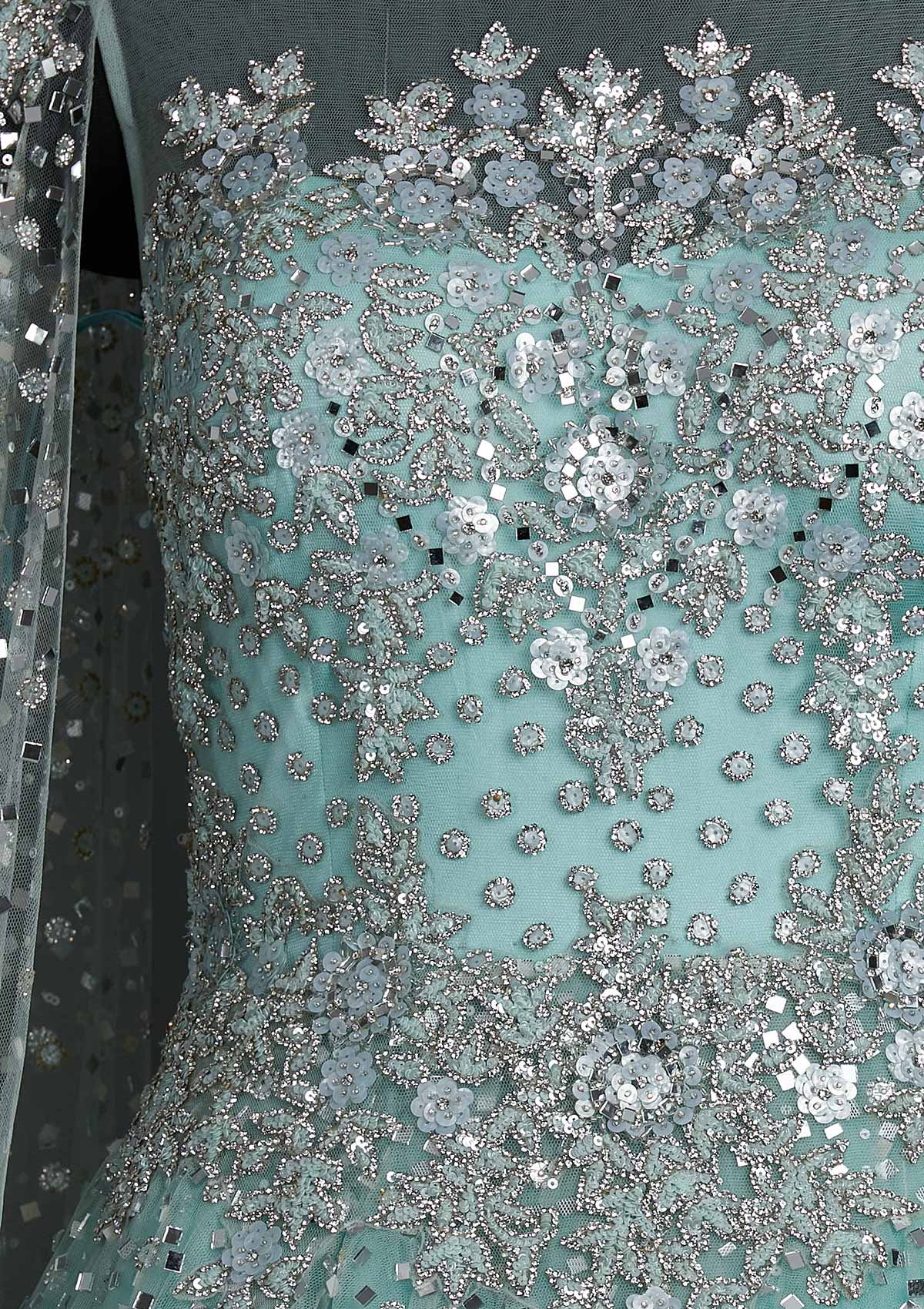 Sea Green Sequins Net Designer Gown - koskii