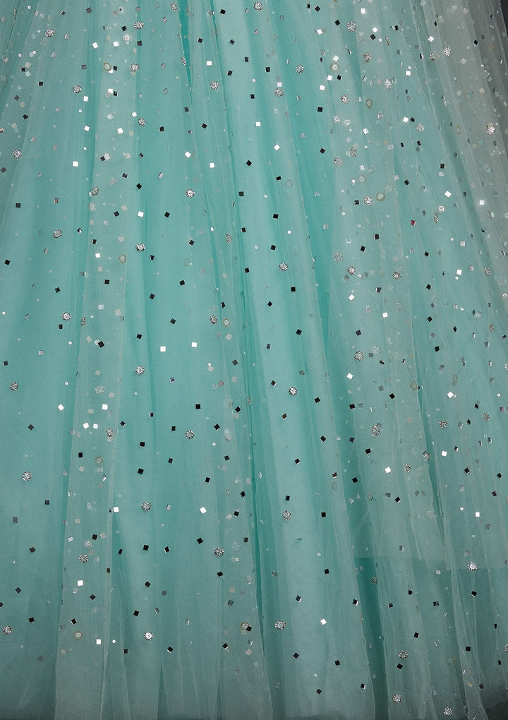 Sea Green Sequins Net Designer Gown - koskii
