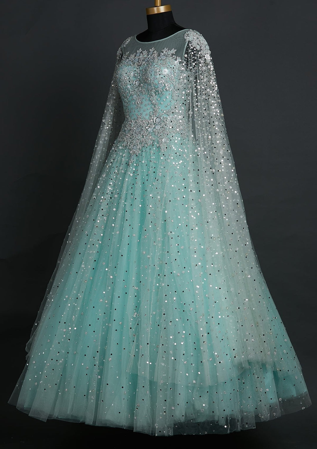 Sea Green Sequins Net Designer Gown - koskii