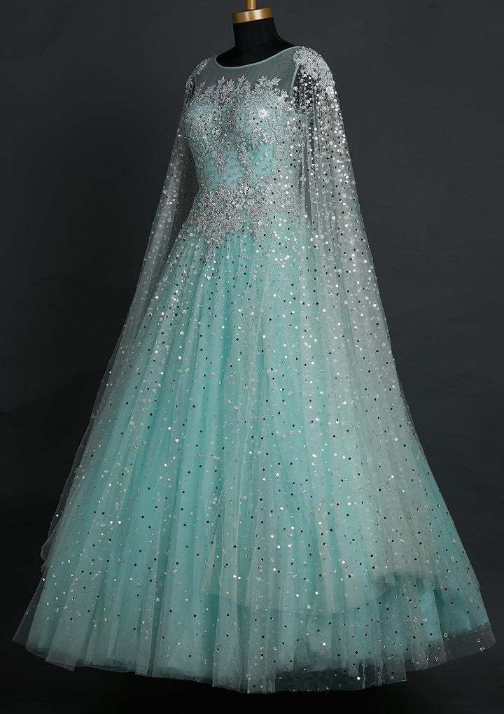 Sea Green Sequins Net Designer Gown - koskii