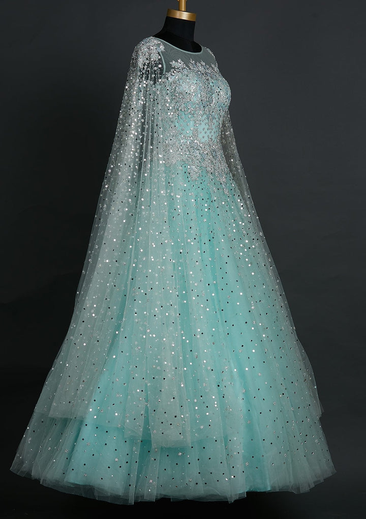 Sea Green Sequins Net Designer Gown - koskii