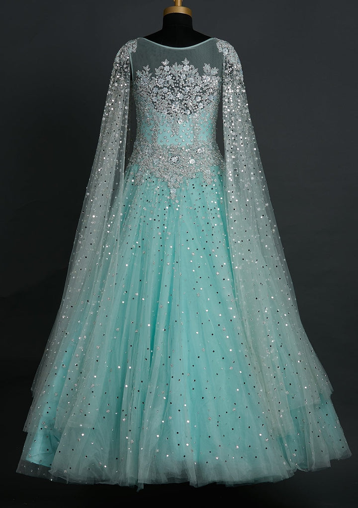 Sea Green Sequins Net Designer Gown - koskii